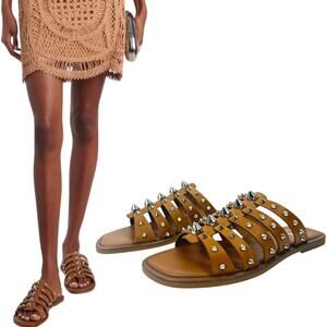 New Christian Louboutin Charja Spike Waxed Calf Leather Slides Brown Size 38.5
